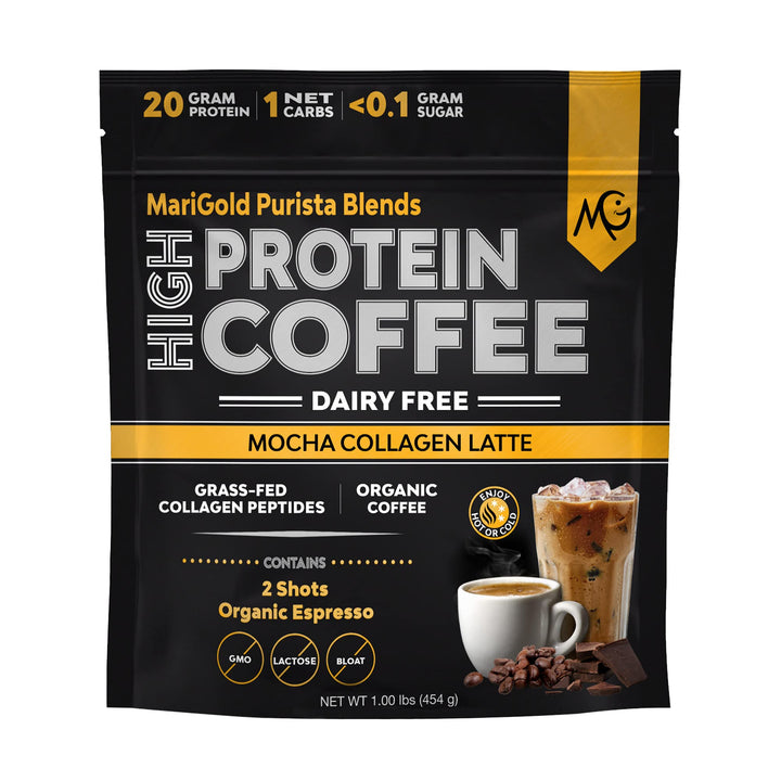 MariGold High Protein Collagen Coffee - Mocha Collagen Latte, Dairy Free, 20g Grass-Fed Type I & III Collagen Peptides, Energy Boost, 2 Shots Organic Espresso, Non-GMO, 1 Lb Bag, 15 Servings