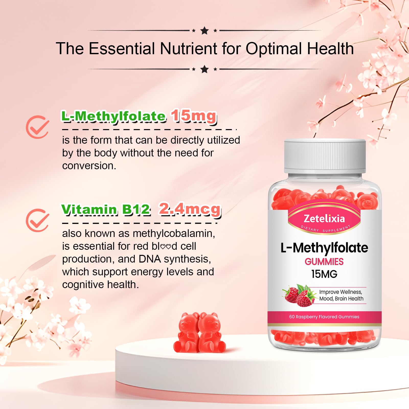 Zetelixia 2 Pack L-Methylfolate 15mg Gummies, Methylated Multivitamin with Methylated B12, Active 5-MTHF Form, Supports MTHFR Mutation, Methylation, Mood & Cognition, Vegan, Raspberry Flavor, 120 Cts