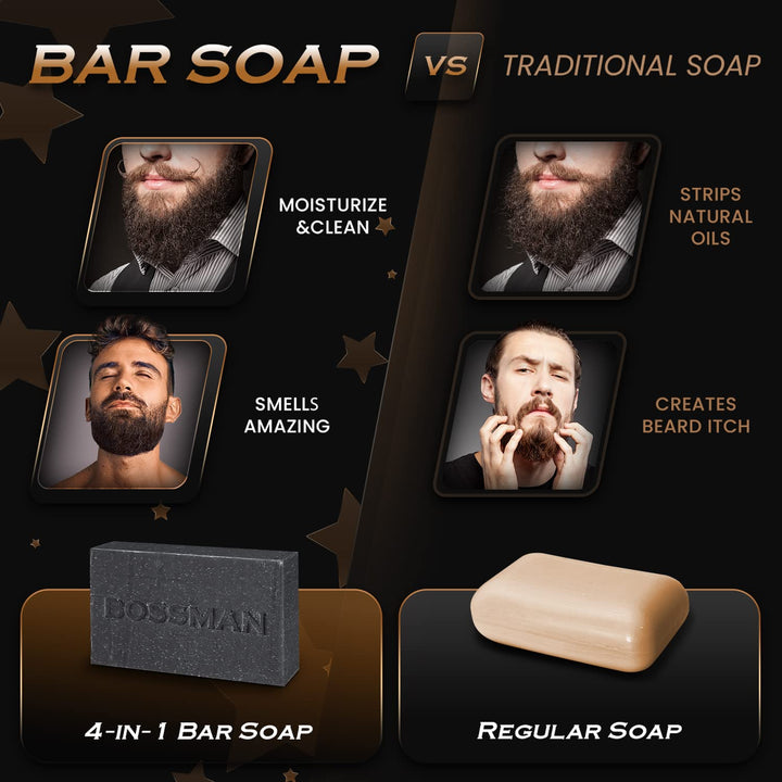 Bossman 4-in-1 Bar Soap for Men (4 oz) – All-Natural Beard Wash, Shampoo, Body Wash & Shaving Soap – Eucalyptus & Tea Tree Scent