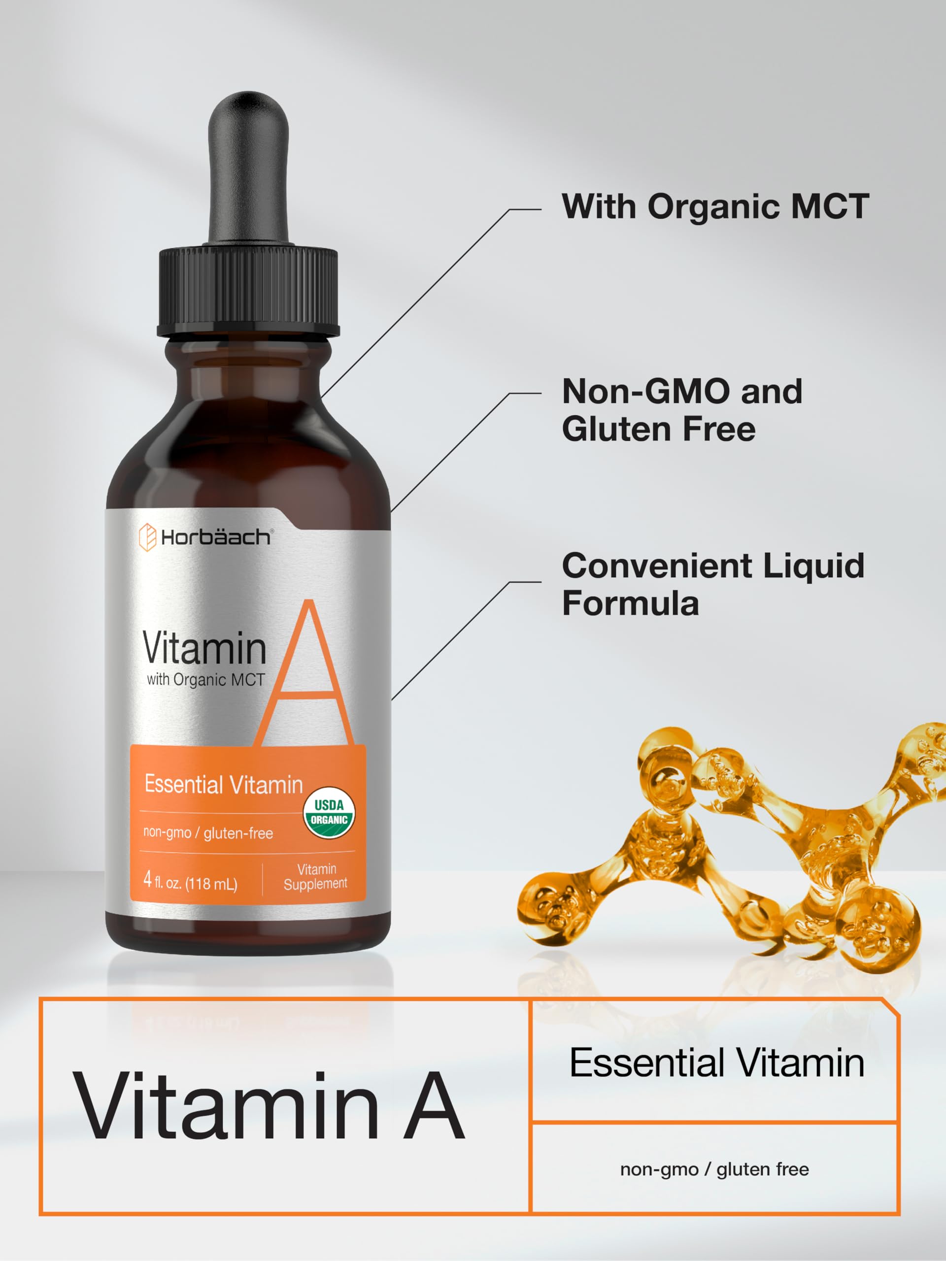 Horbäach Vitamin A Liquid | 4 fl oz | Supplement with Organic Fractionated Coconut Oil | Non-GMO, Gluten Free