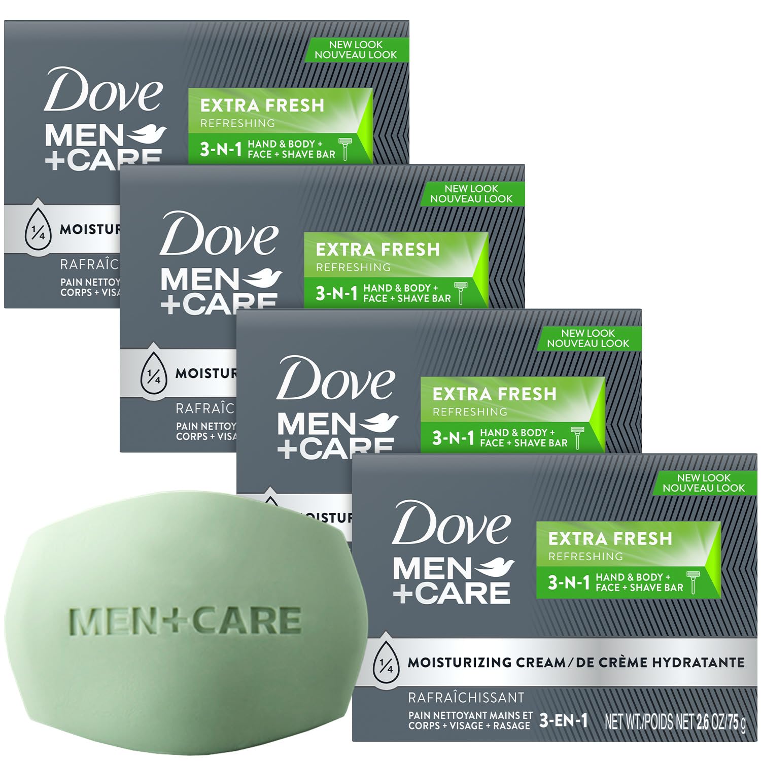 Dove Soap Bar for Men, Men+Care Extra Fresh Scent, 4-Pack – Hydrating 3-in-1 Body, Hand, and Face Cleanser for Men, 2.6 Oz Ea