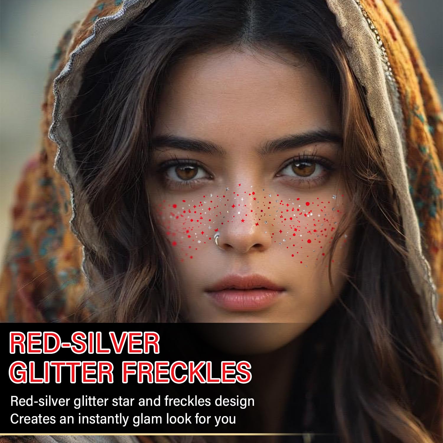 10 Pcs Red-Silver Dual-Tone Glitter Freckles, Double Colors Face Tattoo, Waterproof Face Sparkle, Long-Lasting 48h Special for Christmas