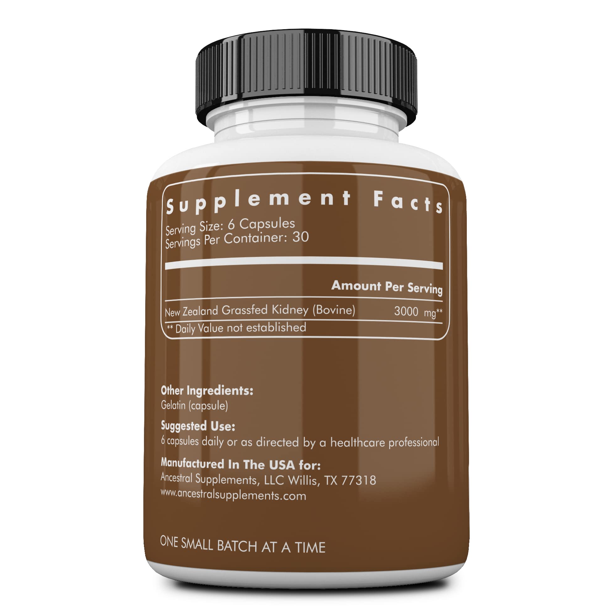 Ancestral Supplements Grass Fed Beef Kidney Supplement, 3000mg, DAO Enzyme Supplement, Kidney Support for Urinary and Histamine Health, Selenium, B12, Non GMO, 180 Capsules