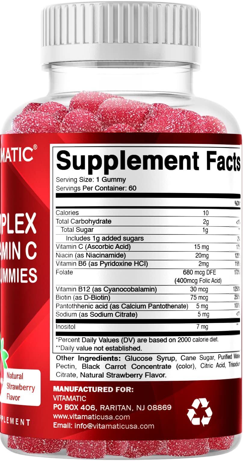 Vitamatic Vitamin B Complex Gummies with Vitamin C & Inositol - Natural Strawberry Flavor - 60 Gummies (1 Bottle)