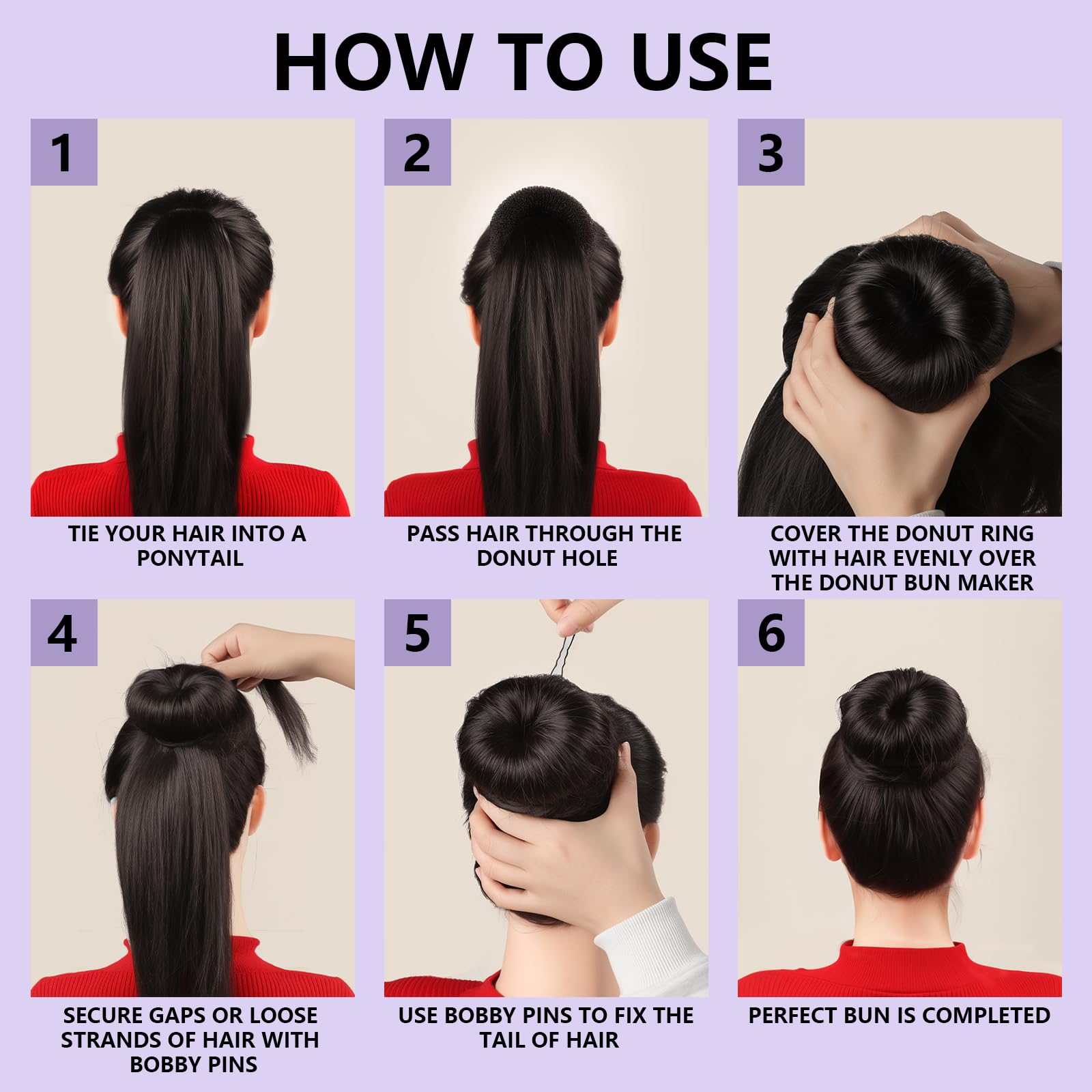 Teenitor Donut Hair Bun Maker Set, Hair Bun Shaper Set with Large, Medium, Small Hair Donuts For Buns, Hair Accessories For Girls, 5 Elastic Bands, Black