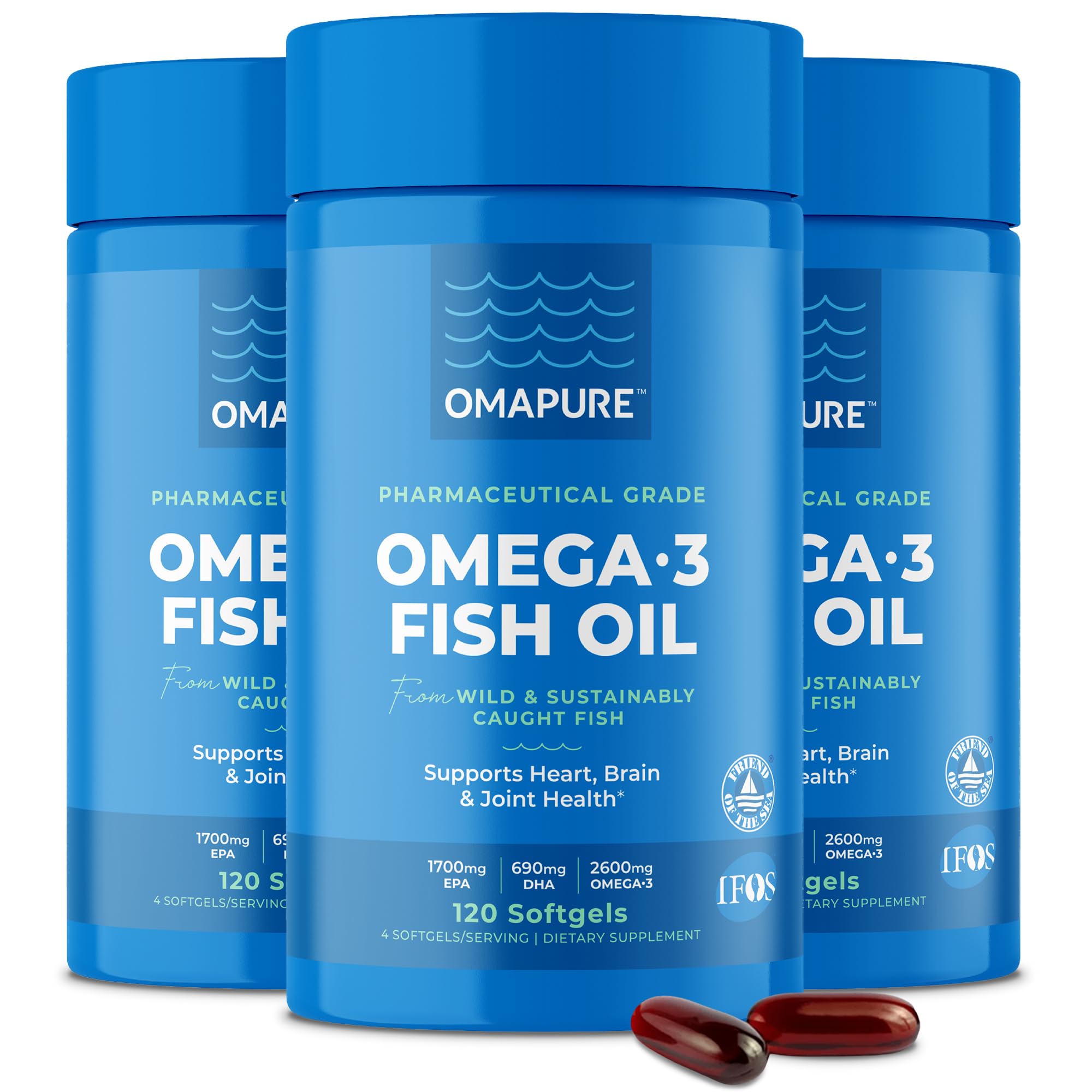 OMAPURE Fish Oil Supplements with Omega 3 Fatty Acids (3 Bottles, 120 Softgels) - High EPA, DHA, & IFOS Fish Oil Pills Support Heart & Joint Health - Burpless Fish Oil Promotes Brain Function