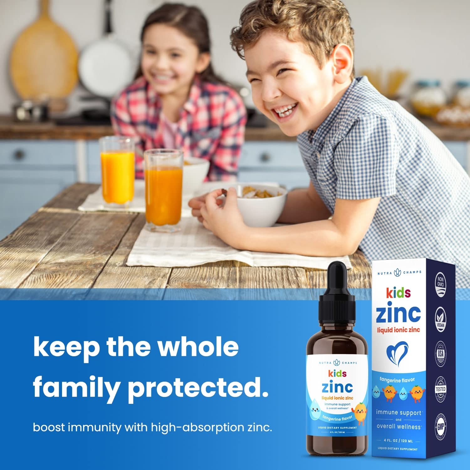 NutraChamps Liquid Zinc Drops for Kids, Ionic Zinc Liquid Drops Enhanced with Vitamin C for Children, Sugar-Free Zinc Liquid 4 oz, Vegan & Non-GMO, Tangerine, 60 Servings, 2 Month Supply