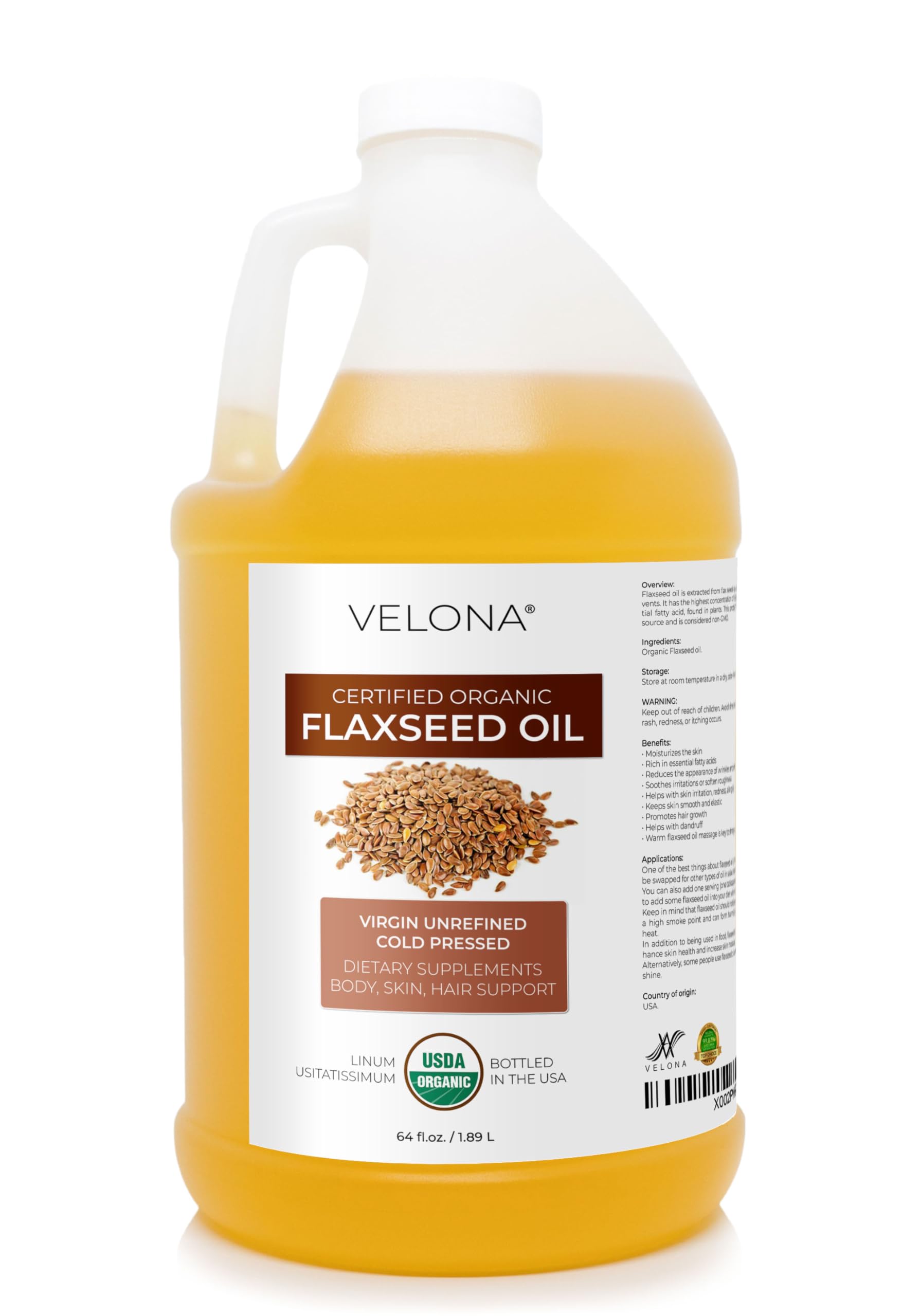 velona USDA Certified Organic Flaxseed Oil - 64 oz | 100% Pure and Natural Carrier Oil | Unrefined, Cold Pressed