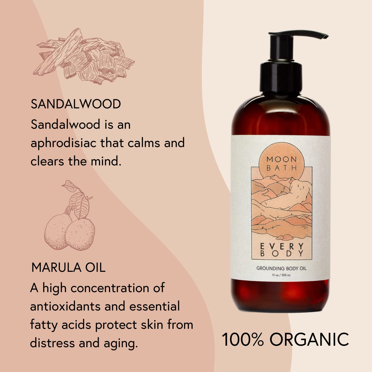 Moon Bath Every Body Grounding Body Oil | Contains Jojoba, Marula & Moringa Oils combined w/Sandalwood & Cypress to Calm | Organic & Clean Beauty, No Synthetic Fragrance 12 fl oz.