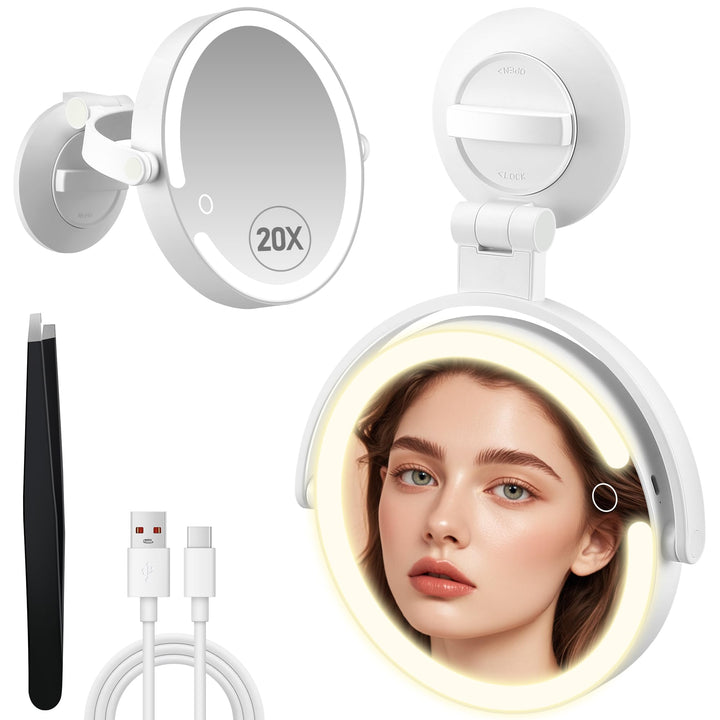 MOMOKUBA Magnifying Mirror with Light 20X, LED Bathroom Mirror with 3 Lighting Modes, Rotation Wall Mounted Makeup Mirror, Rechargeable Mirror with Lights and Suction Cup, for Home, Bathroom, Travel