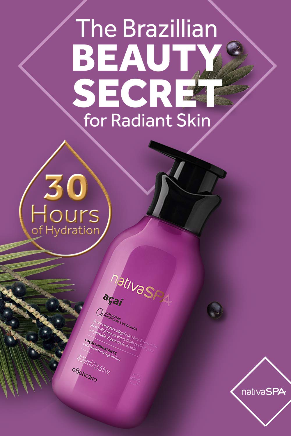 Nativa Spa Acai Body Lotion by O Boticario | 30 Hours Of Hydration | LoÃƒ§Ãƒ£o Hidratante | Fragranced Skin Moisturizer with Purified Quinoa Drops (13.5 fl oz)