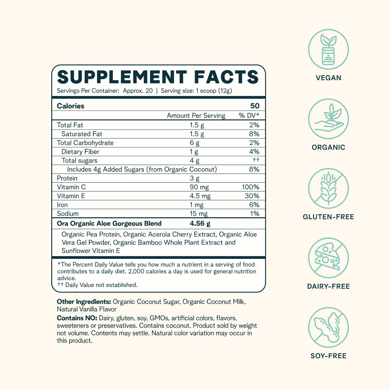 Ora Organic Vegan Collagen-Boosting Powder for Women and Men - Hair, Skin, & Nails Support - Bamboo Silica, Plant-Based Protein, Organic Vitamin C, Aloe Vera - Vanilla Flavor, 20 Servings