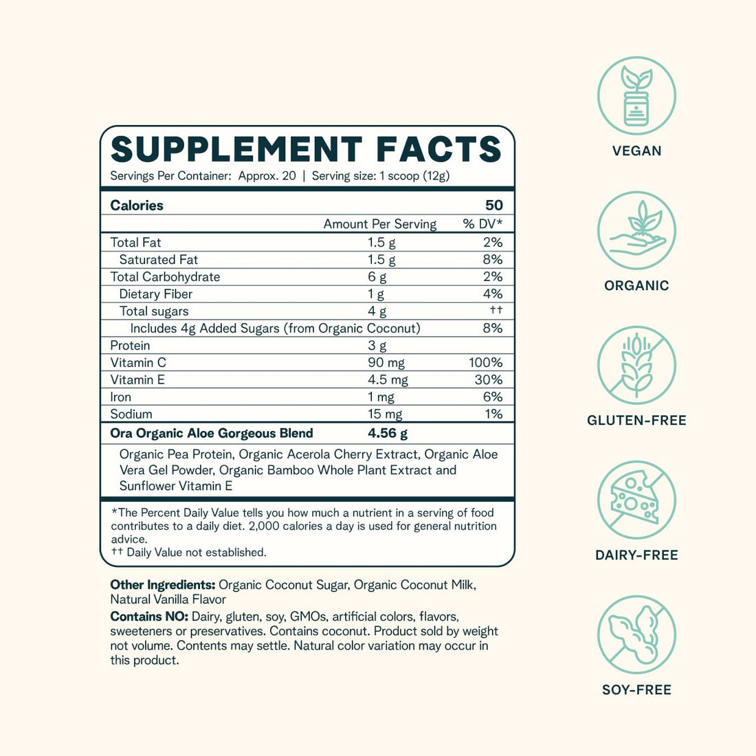 Ora Organic Vegan Collagen-Boosting Powder for Women and Men - Hair, Skin, & Nails Support - Bamboo Silica, Plant-Based Protein, Organic Vitamin C, Aloe Vera - Vanilla Flavor, 20 Servings