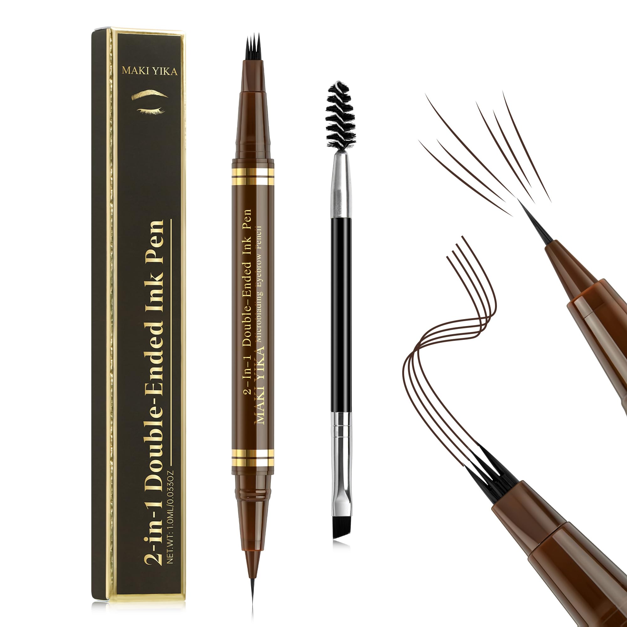 MAKI YIKA Microblading Eyebrow Pencil, Waterproof Eyebrow Pen with 4 Tip Brow Pen and Precise Pencil to Create Natural Hair-Like Brows with Dual-ended Brush (A-Dark Brown)