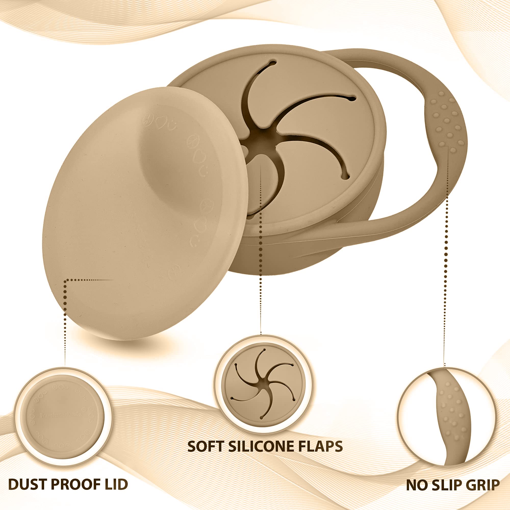 BraveJusticeKidsCo. | Snack Attack Cup | Collapsible Silicone Container | Toddler and Baby Catcher Lid (Warm Sand)