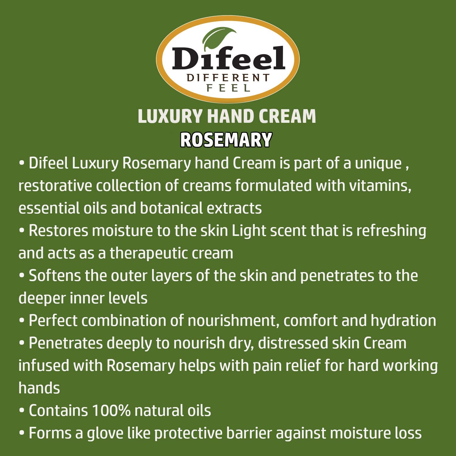 Difeel Hand Cream with Rosemary 100% Pure Natural Oils and Vitamin E 1.4 ounce