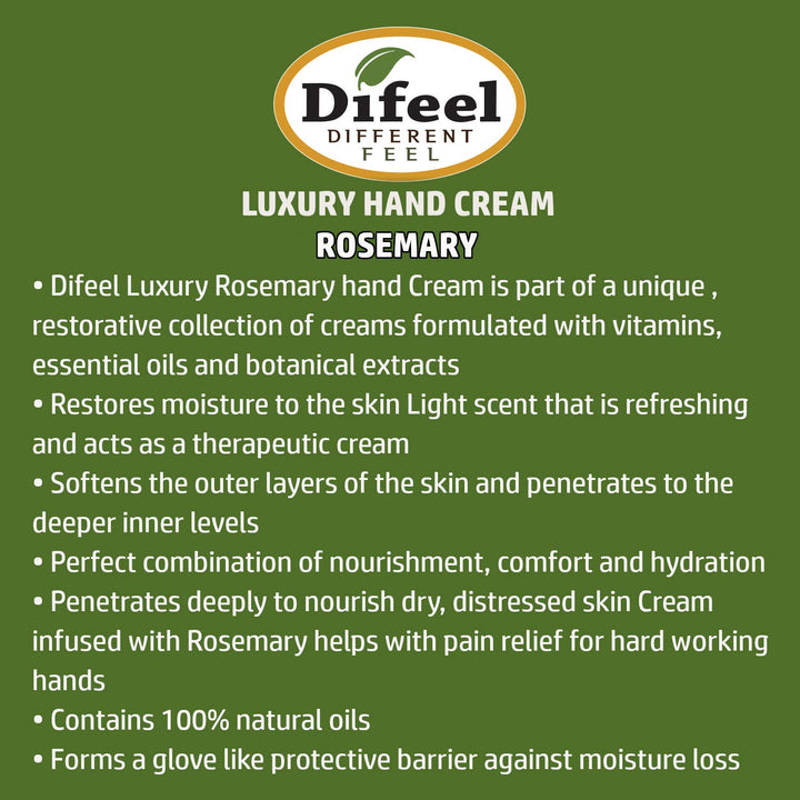 Difeel Hand Cream with Rosemary 100% Pure Natural Oils and Vitamin E 1.4 ounce