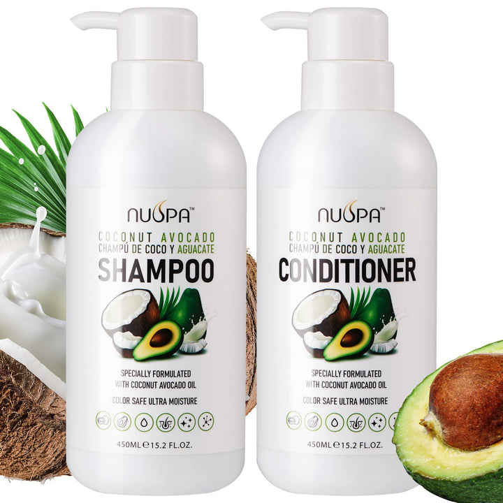 Nuspa Coconut Avocado Shampoo and Conditioner Sets,Color Safe Ultra Moisture Sulfate Free Shampoo and Conditioner pack for all hair types, Moisturizing, Nourishing, Smoothing, Locks Moisture, Natural