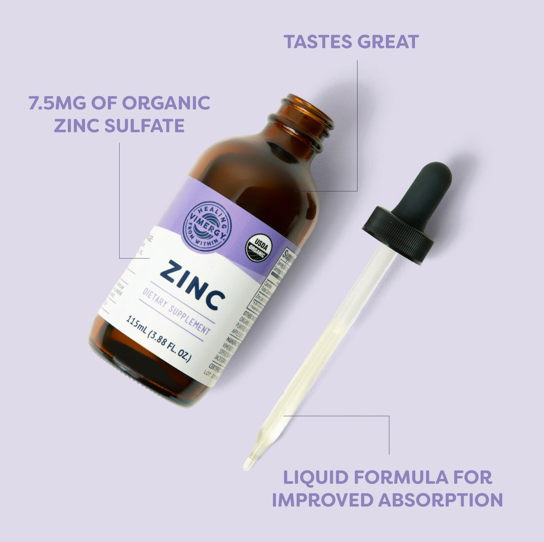 Vimergy Liquid Zinc – Fast-Absorbing Immune Support* – Promotes Healthy Bones & Skin – USDA Certified Organic, Vegan, Non-GMO – 57 Servings (115 mL)