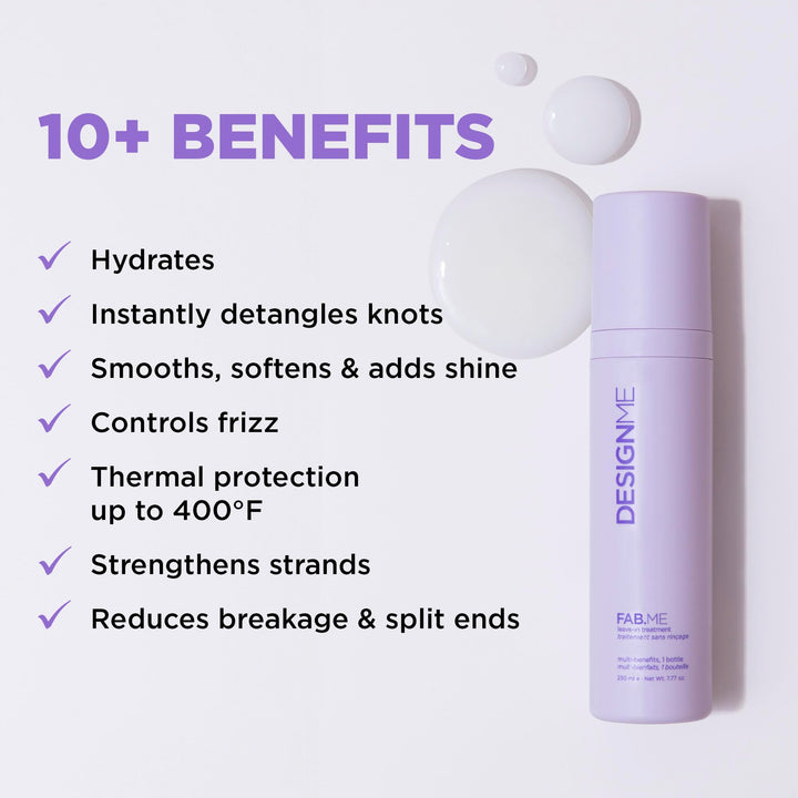 Design.Me FAB.ME Leave-In Conditioner Spray | Detangles, Hydrates, and Controls Frizz | Heat Protector & Reduces Blow Dry Time | Adds Shine, is Color Safe and Ideal for Styling All Hair Types