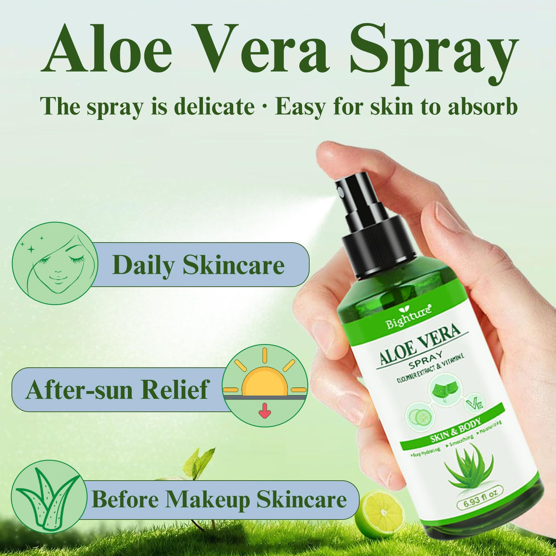 BIGHTURE Aloe Vera Spray from Freshly Cut Pure Aloe, Aloe Vera Spray for Skin& Hair, Aloe Vera Spray for Sunburn Relief, 6.93oz, Absorbs Rapidly, Infused wirh Cucumber Essence