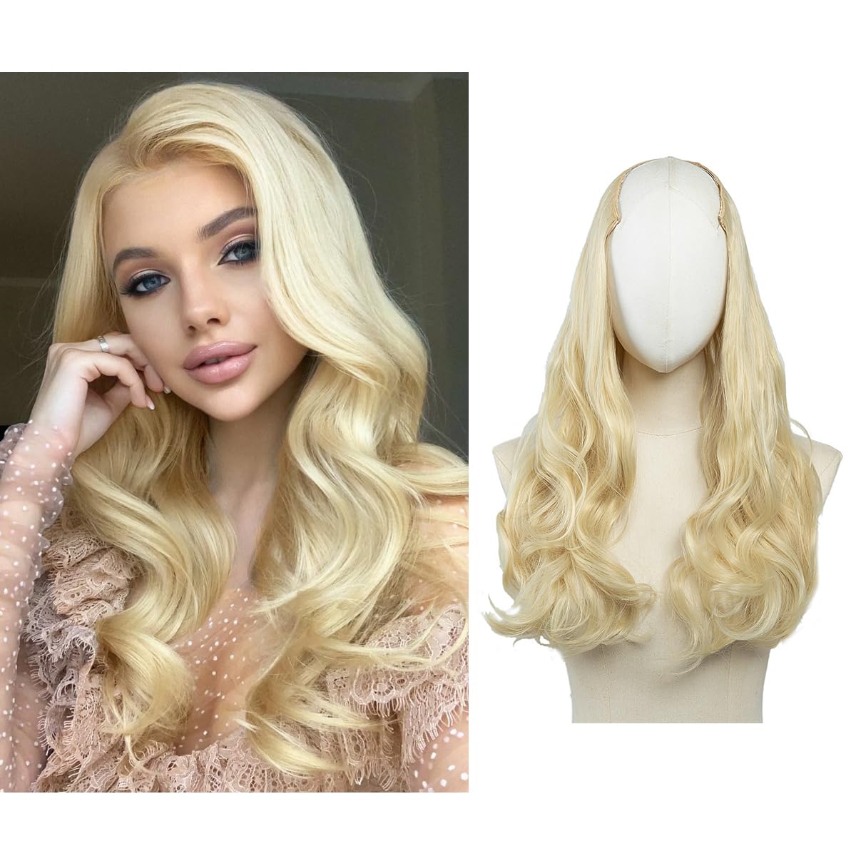 SARLA 24 180g Long Straight & Natural Wave Full Head U-part Hair Extension Clip in Hairpieces Heat-resistant Fiber UH16 & UH17 (24 Natural Wave, 613# Beach Blonde)