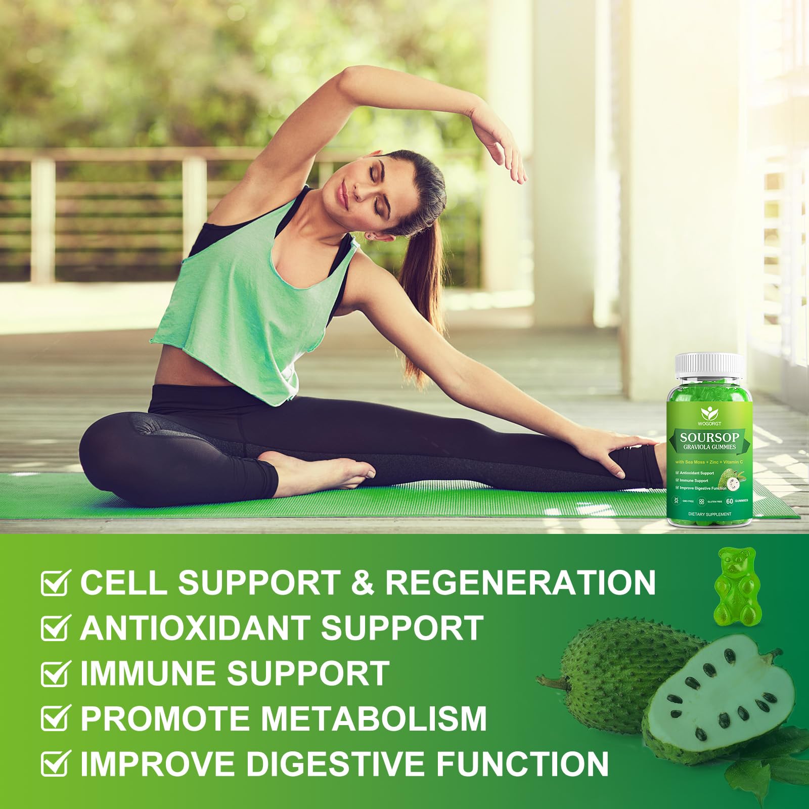 WOGORGT Soursop Graviola Gummies - Soursop Multivitamin Gummies with 200mg Sea Moss Extract for Antioxidant, Cell Support & Regeneration, Immune Support, Vegan, Apple Flavor - 60 Gummies