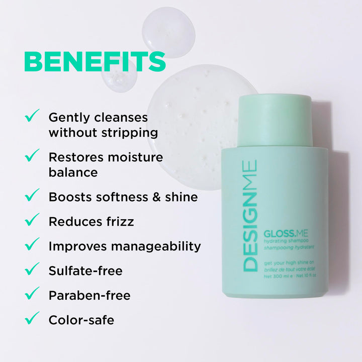 Design.Me GLOSS.ME Hydrating Shampoo | With Hemp & Argan Oil | Adds Softness & Shine | Straight, Wavy, or Curly Hair Shampoo | Sulfate-Free & Color-Safe Moisturizing Shampoo for Dry Hair, 10 Fl Oz