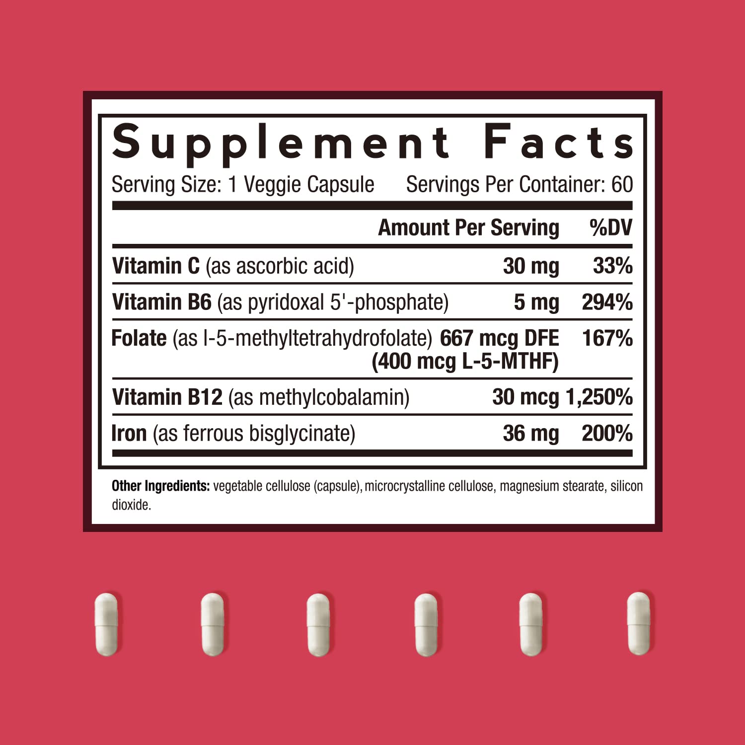 Doctor's Recipes Iron Supplement, Iron Bisglycinate with Vitamin C, B6, Folate & B12, Non-Constipating, Stomach Friendly, Gentle Iron Pills for Iron Deficiency, Blood & Energy Support, 60 Vegan Caps