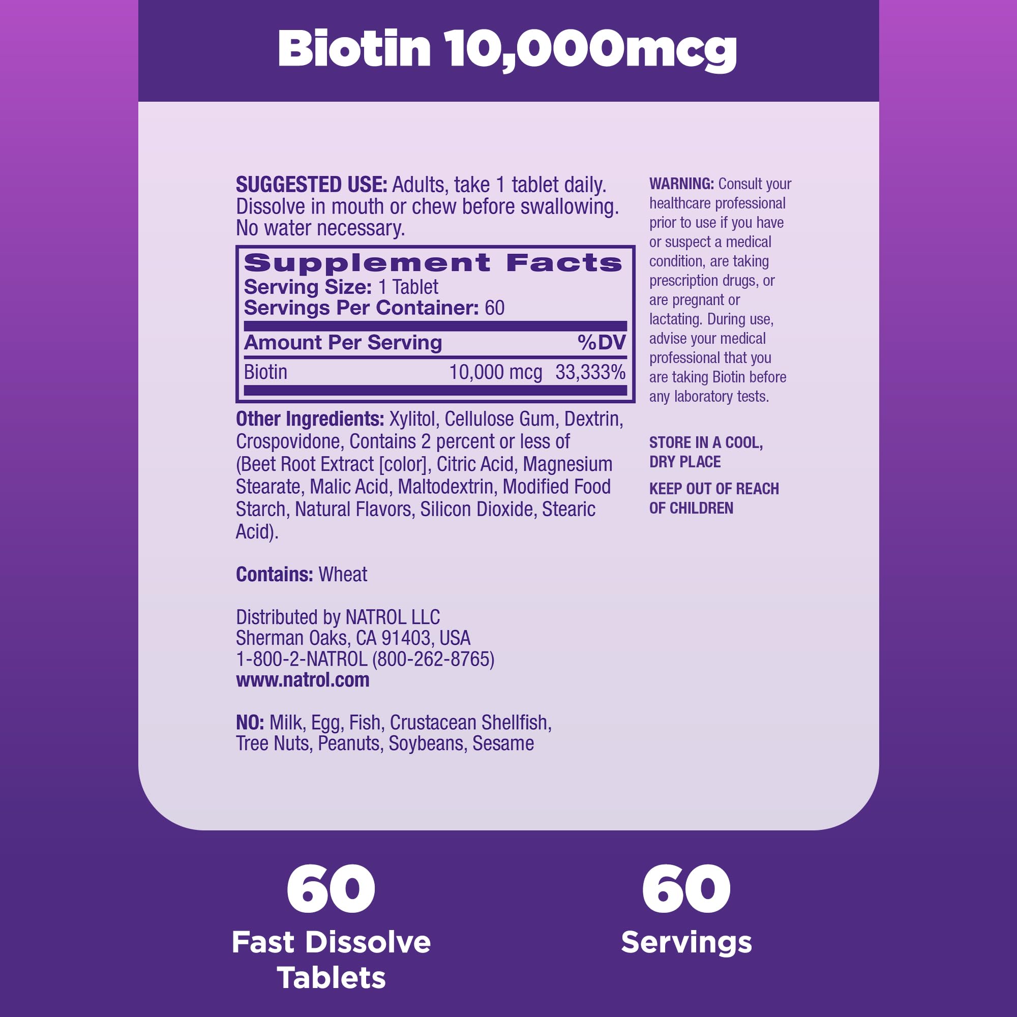 Natrol Biotin 10000mcg, 4x Faster Dissolve Supplement for Healthy Hair, Skin and Nails for Those Low in Biotin, Plus Energy Metabolism Support, 60 Tablets, Up to a 60 Day Supply