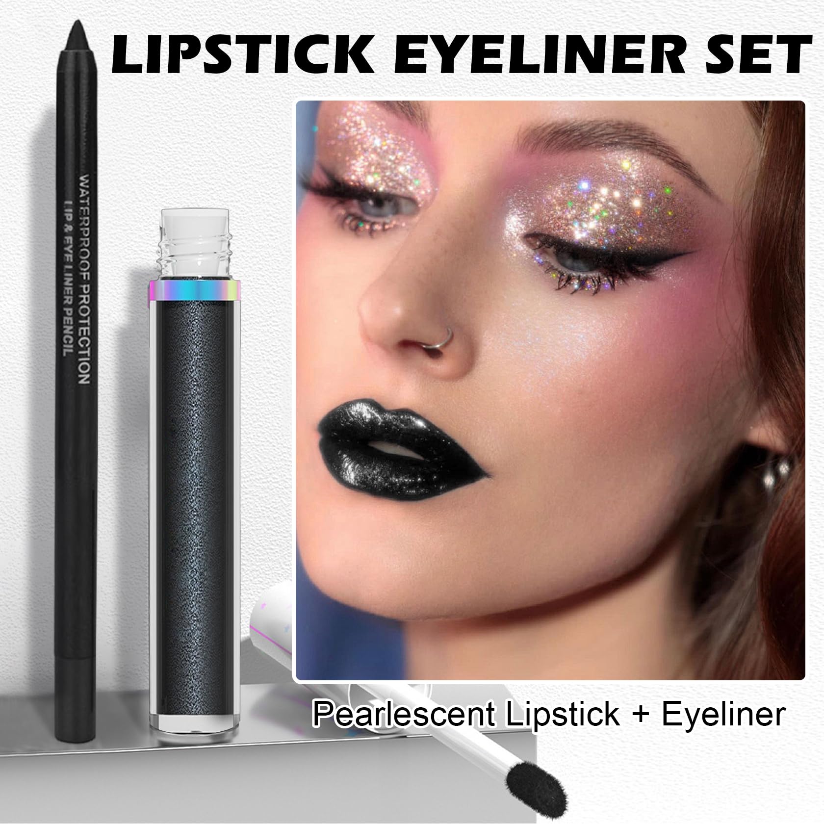 AOAZXBB Pearlescent Liquid Lipstick Set - Black Lip Gloss, Long Lasting Black Lip Liner for Halloween Cosplay, Goth Makeup