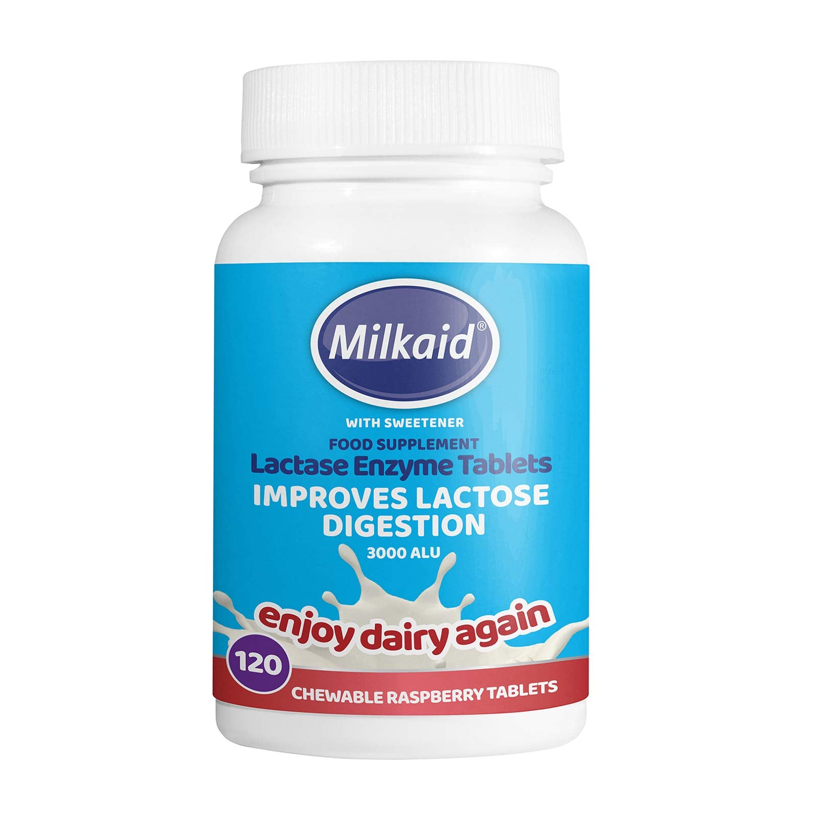 Milkaid Lactase Enzyme Chewable Tablets for Lactose Intolerance Relief | Prevents Gas, Bloating & Diarrhea | Fast Acting Dairy Digestive Supplement (120 Tablets, Raspberry)