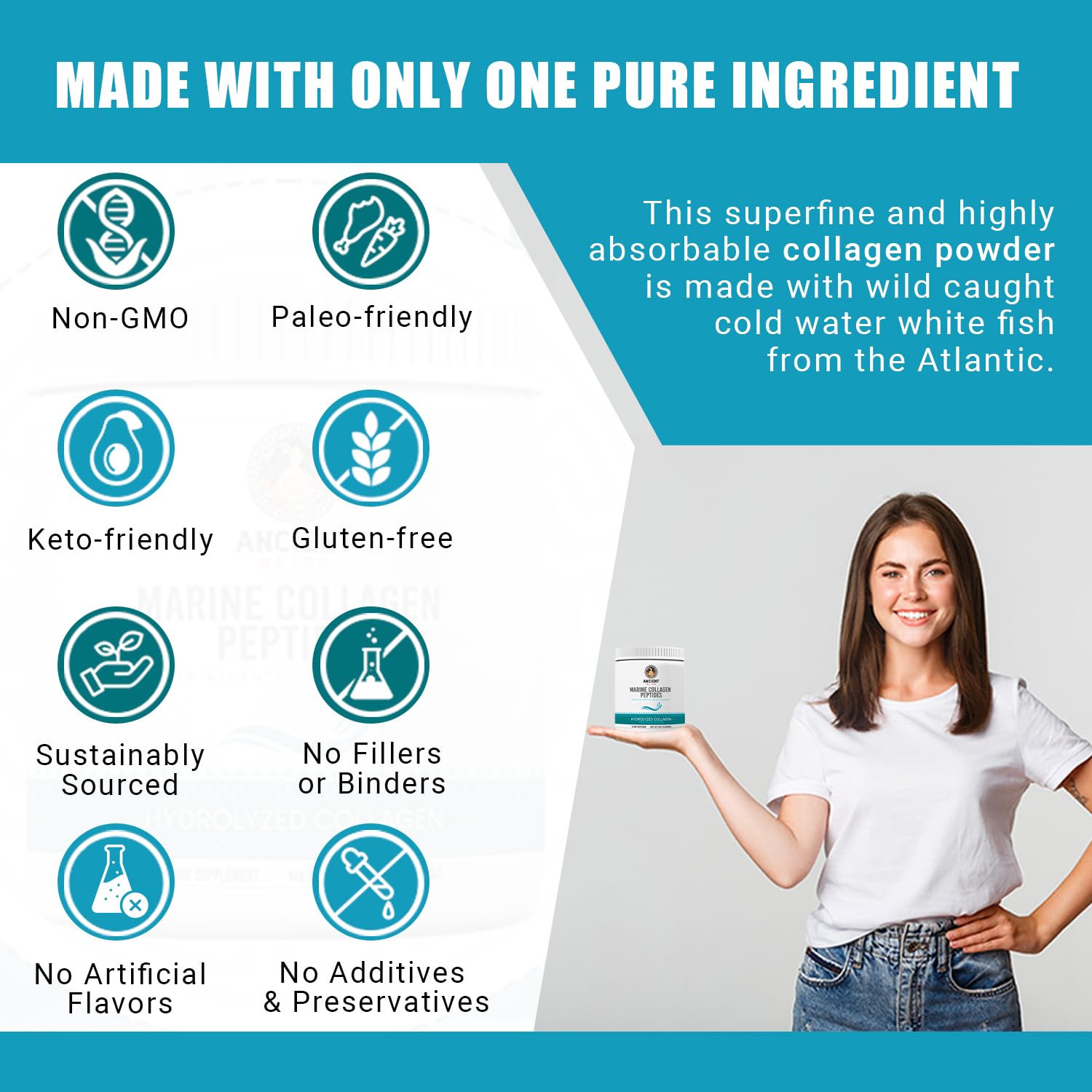 Ancient Bliss Wild-Caught Marine Fish Collagen Peptides Powder, Flavorless Collagen Protein Supplement with Type 1, Non-GMO, Gluten-Free, Amino Acid Supplement for Skin, Hair and Nails, 15.87 Oz