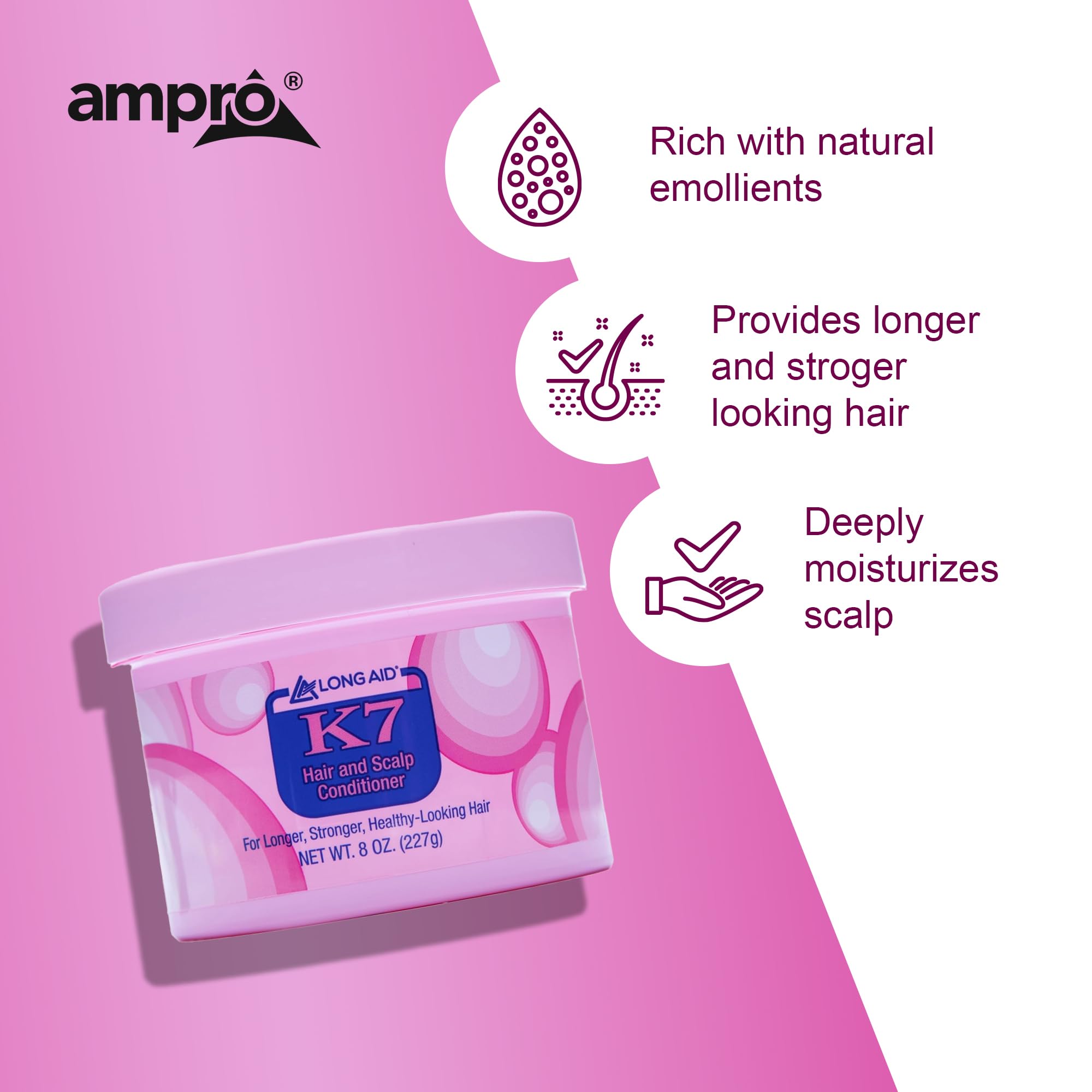 Long Aid Ampro Long-Aid K7 Hair and Scalp Conditioner - Rich with Natural Emollients - Provides Stronger Hair and Scalp for All Hair Textures - Protects Against Humidity and Nature - 8 oz