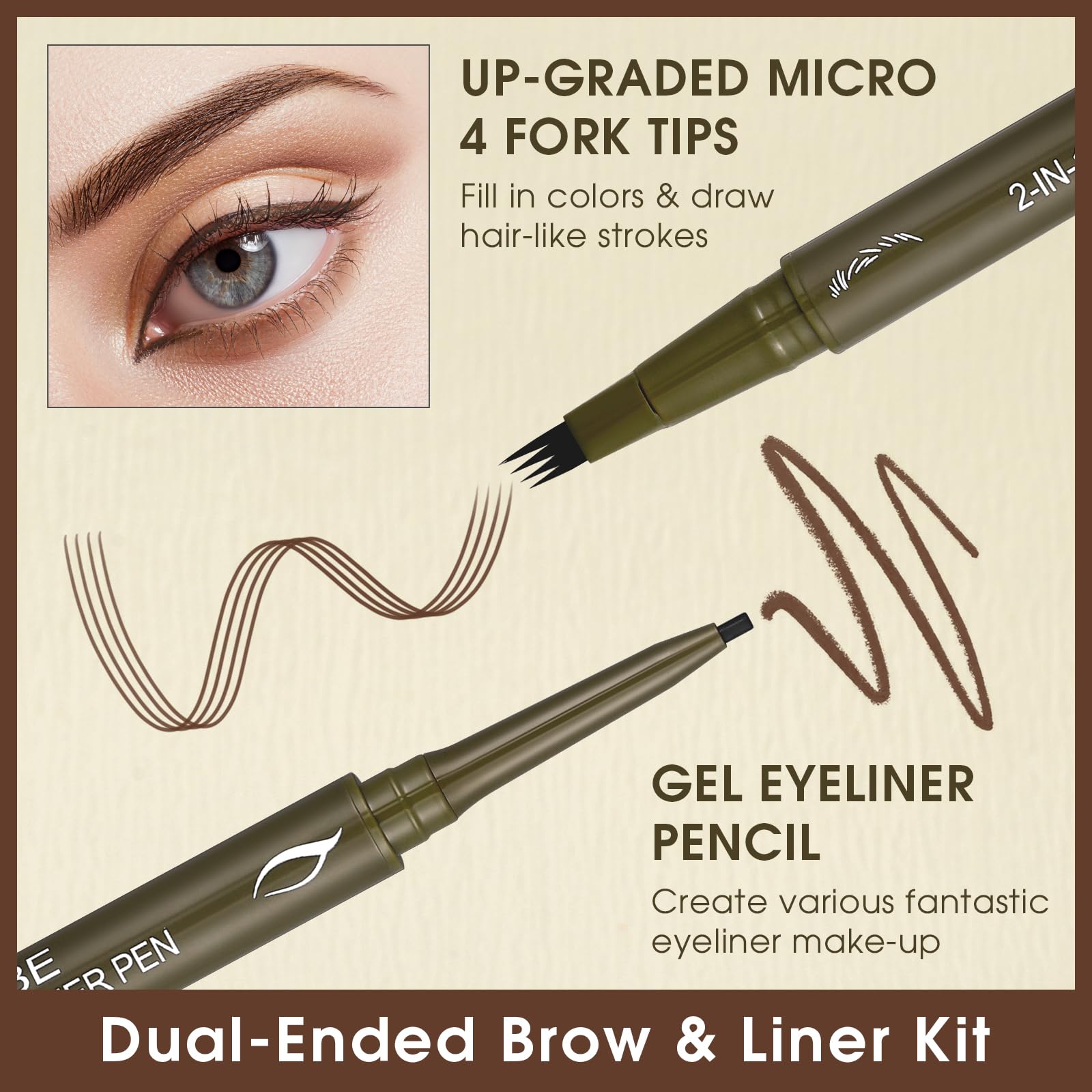UCANBE Eyebrow Pen, Dual-Ended Eyebrow Pencil with 4-Fork-Tip & Gel Eyeliner for Women, Eye Brow Pen with Gel Eyeliner Pencil, Microblading Eyebrow Pencils with Hair Like Strokes, Light Brown