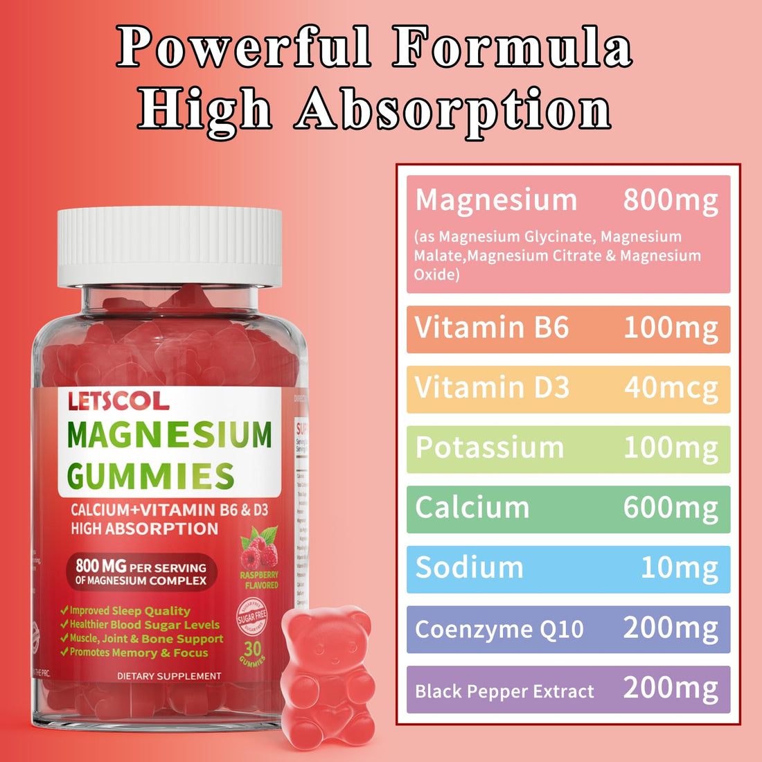 LETSCOL Magnesium Glycinate Gummies 800mg Per Serving, Sugar Free Magnesium Supplement with Magnesium Malate, Calcium, Vitamin D3, B6, CoQ10 for Calm Support & Sleep for Adults Kids
