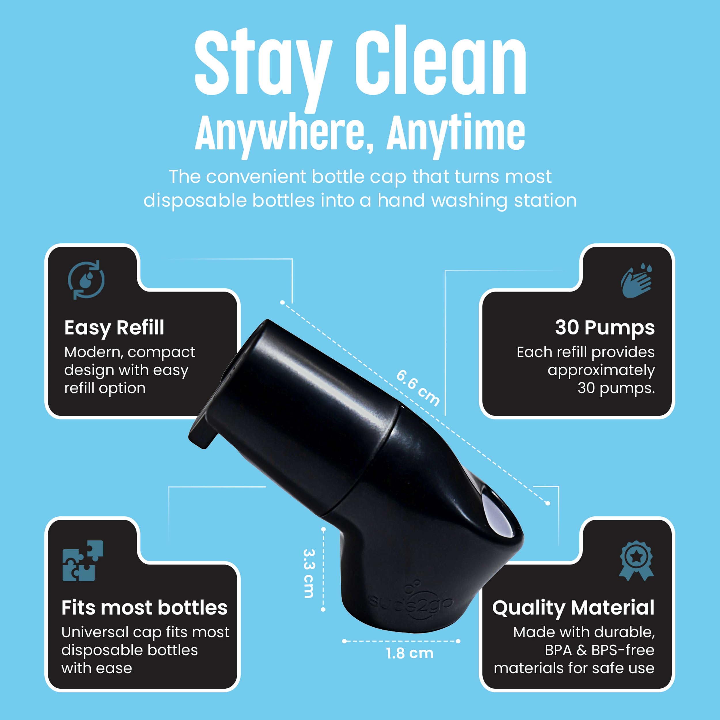 Suds2Go Refillable Caps, 2 Pack - Universal Fit Turns Most Disposable Water Bottles Into A Hand Washing Station - Includes Refillable Soap Reservoir - Conveniently Sized to Take on The Go - Black