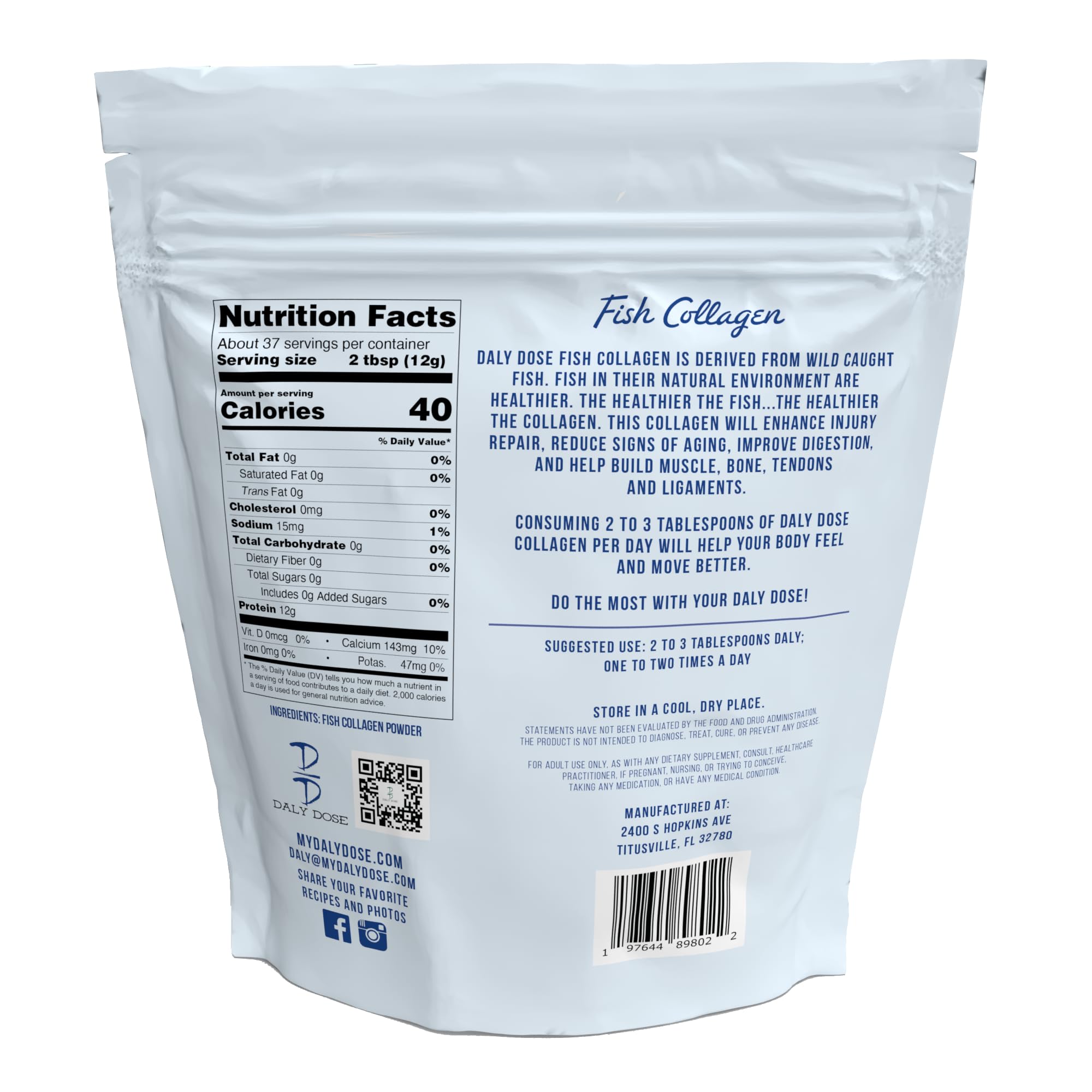 Daly Dose Fish Collagen (Tilapia), 1lb Bag, 37 Servings, 12g of Protien Per Serving, Gluten Free, Keto and Paleo Friendly, 0 Sugar, Non-Irradiated