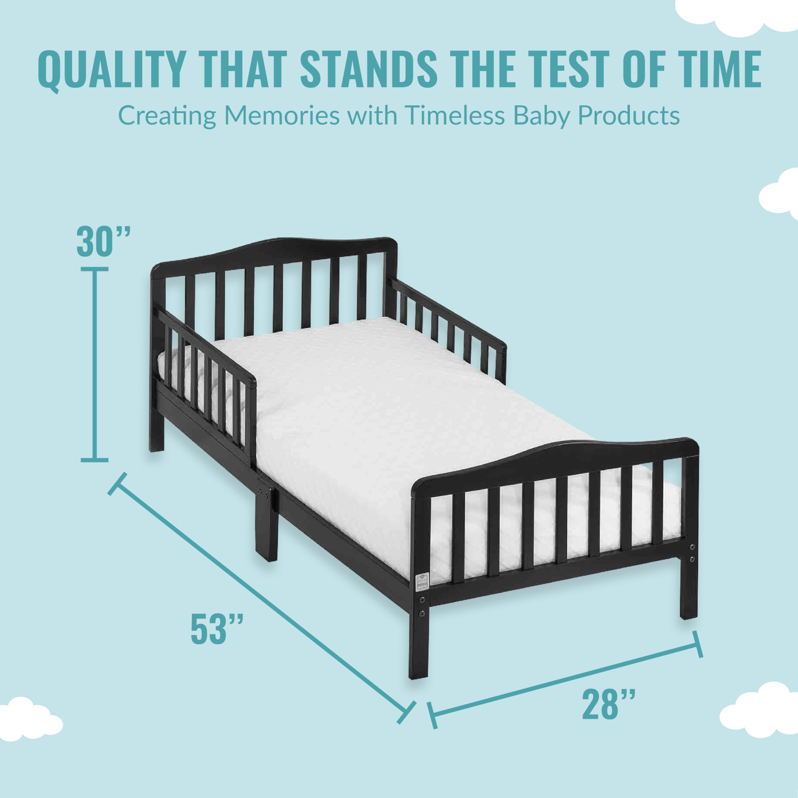 Dream On Me Classic Design Toddler Bed In Black, Greenguard Gold And JPMA Certified, Low To Floor Design, Two Side Safety rails, Non-Toxic Finishes, Wooden Nursery Furniture