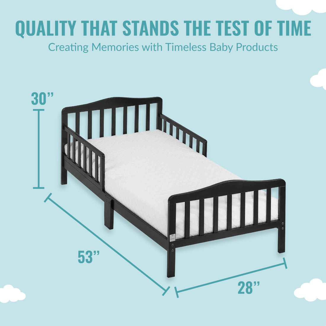 Dream On Me Classic Design Toddler Bed In Black, Greenguard Gold And JPMA Certified, Low To Floor Design, Two Side Safety rails, Non-Toxic Finishes, Wooden Nursery Furniture