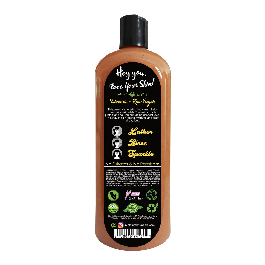 Natural Wunderz Body Wash with Turmeric and Raw Sugar, 32 Fl Oz, Exfoliating Gentle Cleanser and Shower Gel for all skin types, Vegan, Sulfate Free, and Cruelty Free Body Scrub