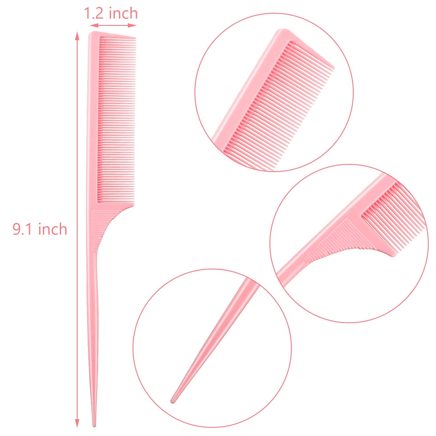 Leinuosen 3 Pack Styling Comb Carbon Fiber Anti Static Heat Resistant Tail Comb for Back Combing, Root Teasing, Adding Volume, Evening Styling (Pink)
