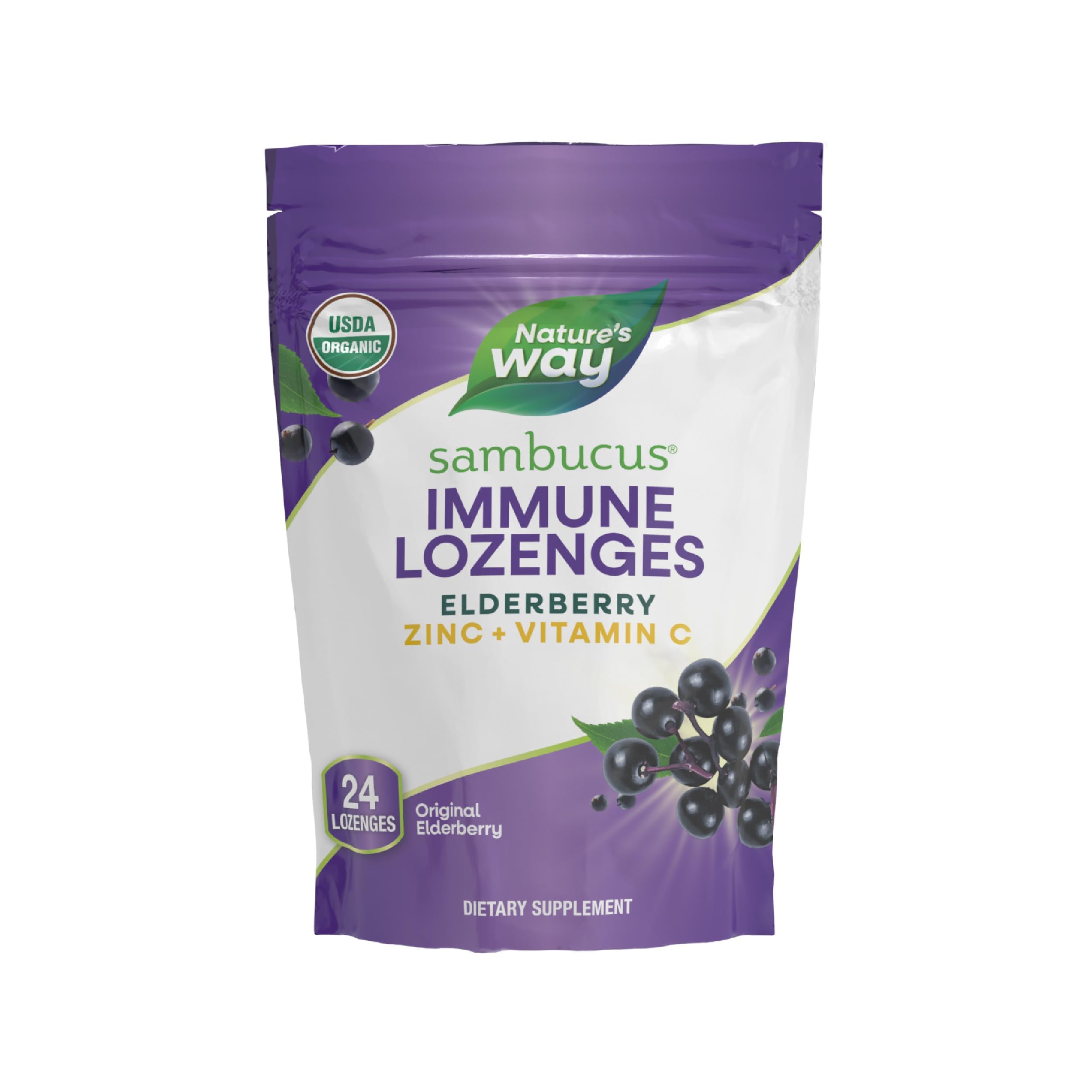 Nature’s Way Sambucus Organic Zinc Lozenges, Elderberry and Zinc Lozenges with Vitamin C, Certified Organic, Berry Flavored, 24 Lozenges