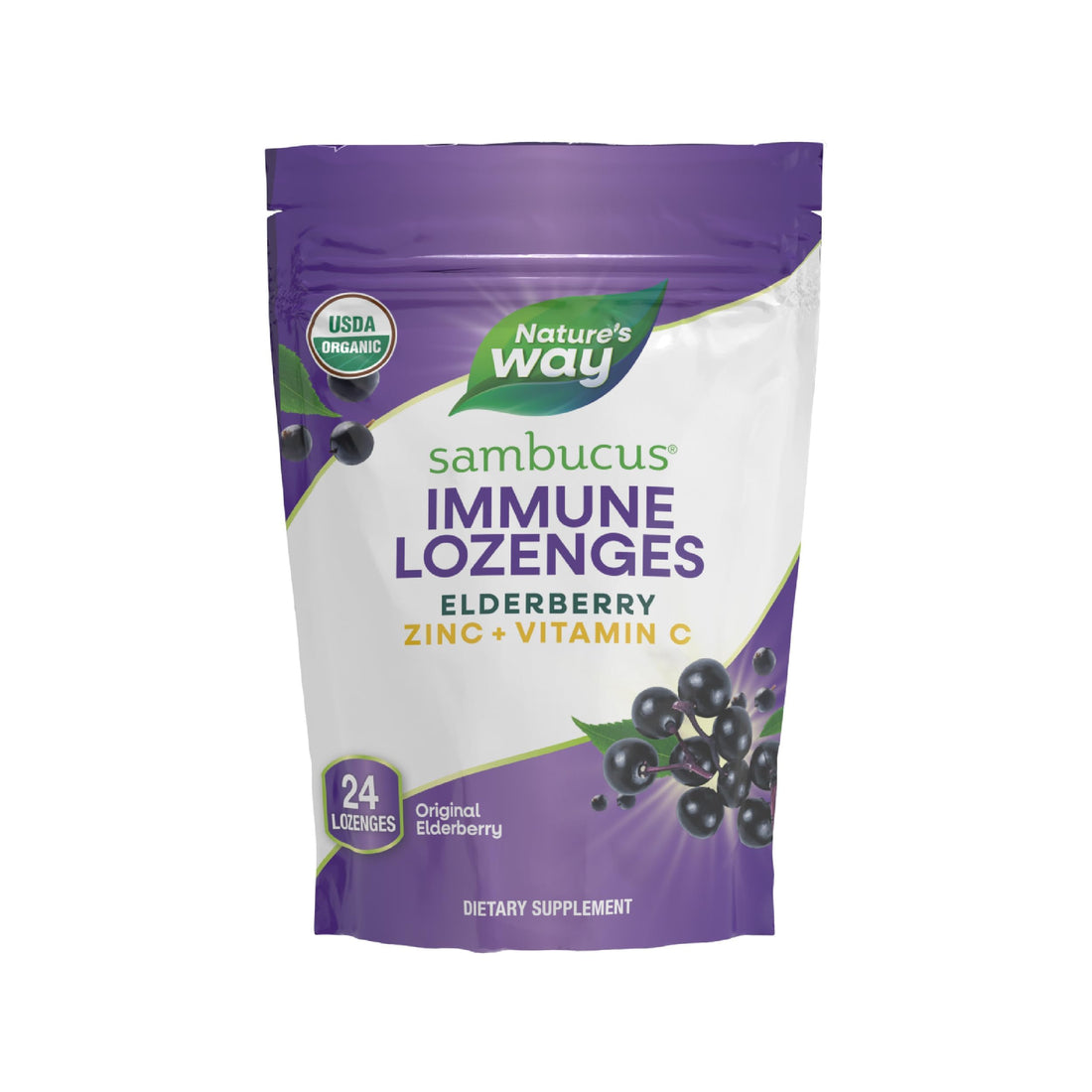 Nature’s Way Sambucus Organic Zinc Lozenges, Elderberry and Zinc Lozenges with Vitamin C, Certified Organic, Berry Flavored, 24 Lozenges
