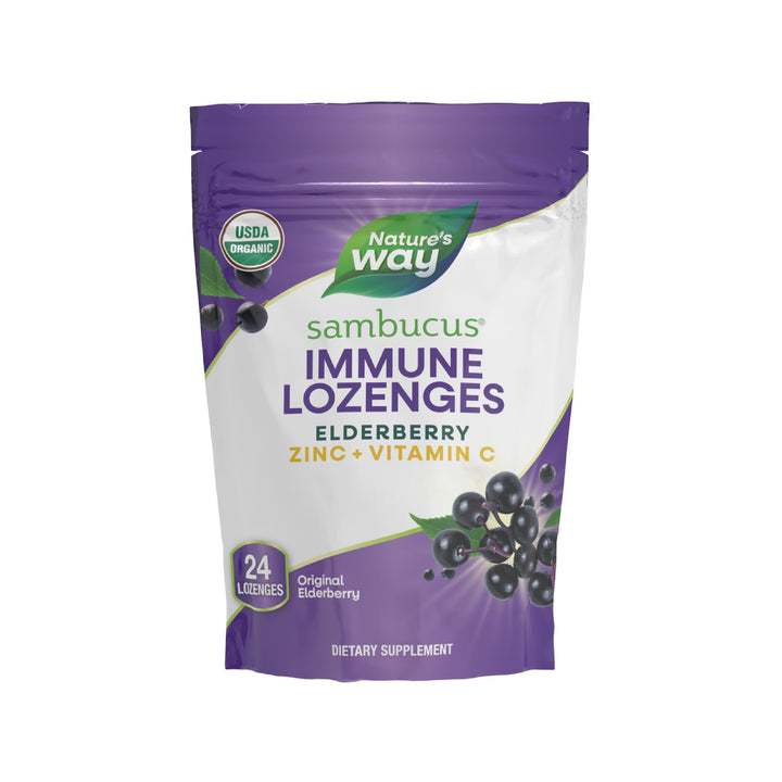 Nature’s Way Sambucus Organic Zinc Lozenges, Elderberry and Zinc Lozenges with Vitamin C, Certified Organic, Berry Flavored, 24 Lozenges