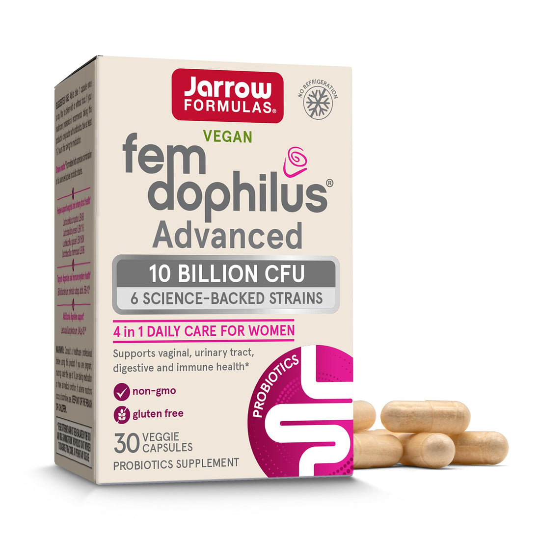 Jarrow Formulas Fem-Dophilus Advanced Vaginal & Digestive Probiotics 10 Billion CFU With 6 Clinically-Studied Strains, For Vaginal, Urinary Tract, Digestive & Immune Support, 30 Capsules, Shelf-Stable