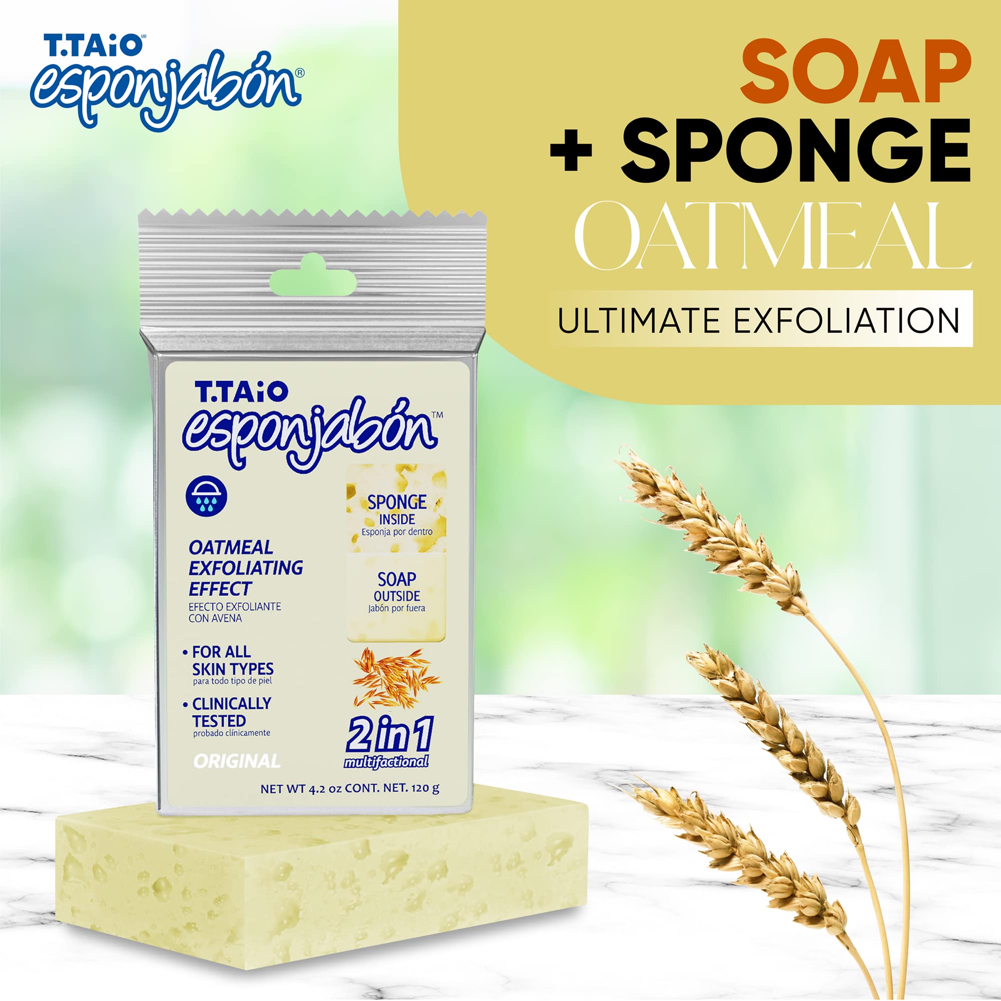 T.Taio Soap Sponge for Shower, Bath Wash Scrubber for Body, Foot, Face, Massage & Lather, Oatmeal, Mini Soap Included, Bathroom Accessories