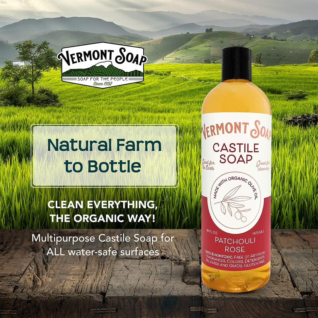 Vermont Castile Soap Patchouli Rose, Gentle Liquid Soap for Sensitive Skin & Natural Body Wash, Organic Hair Shampoo for Oily Hair, Aloe Castile Soap for Men & Women - 16 Oz