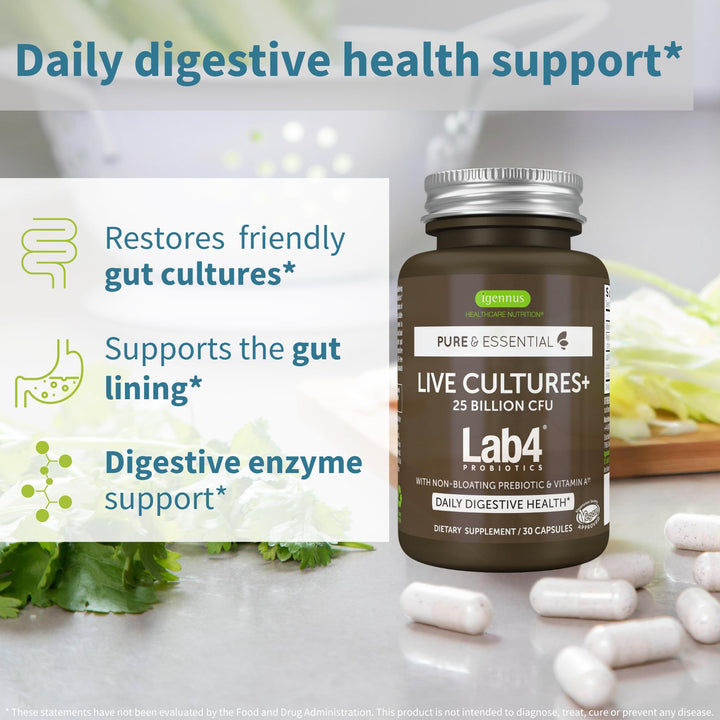 Igennus Probiotics & Prebiotic, Lactobacillus Acidophilus & Bifidobacterium, Live Cultures+ Lab4, Guaranteed 25 Billion CFU, for Women & Men, Non-Bloating Gut Health Support, Non-GMO, 30 Capsules
