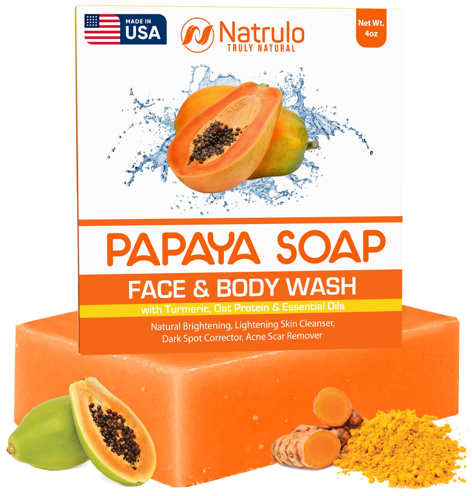 Natrulo Papaya Soap Face & Body Wash – Skin Brightening Papaya Soap Bar for Dark Spots – Reduce Acne, Cleanse Scars, & Even Skin Tone – with Turmeric, Kojic Acid, & Essential Oils – for All Types